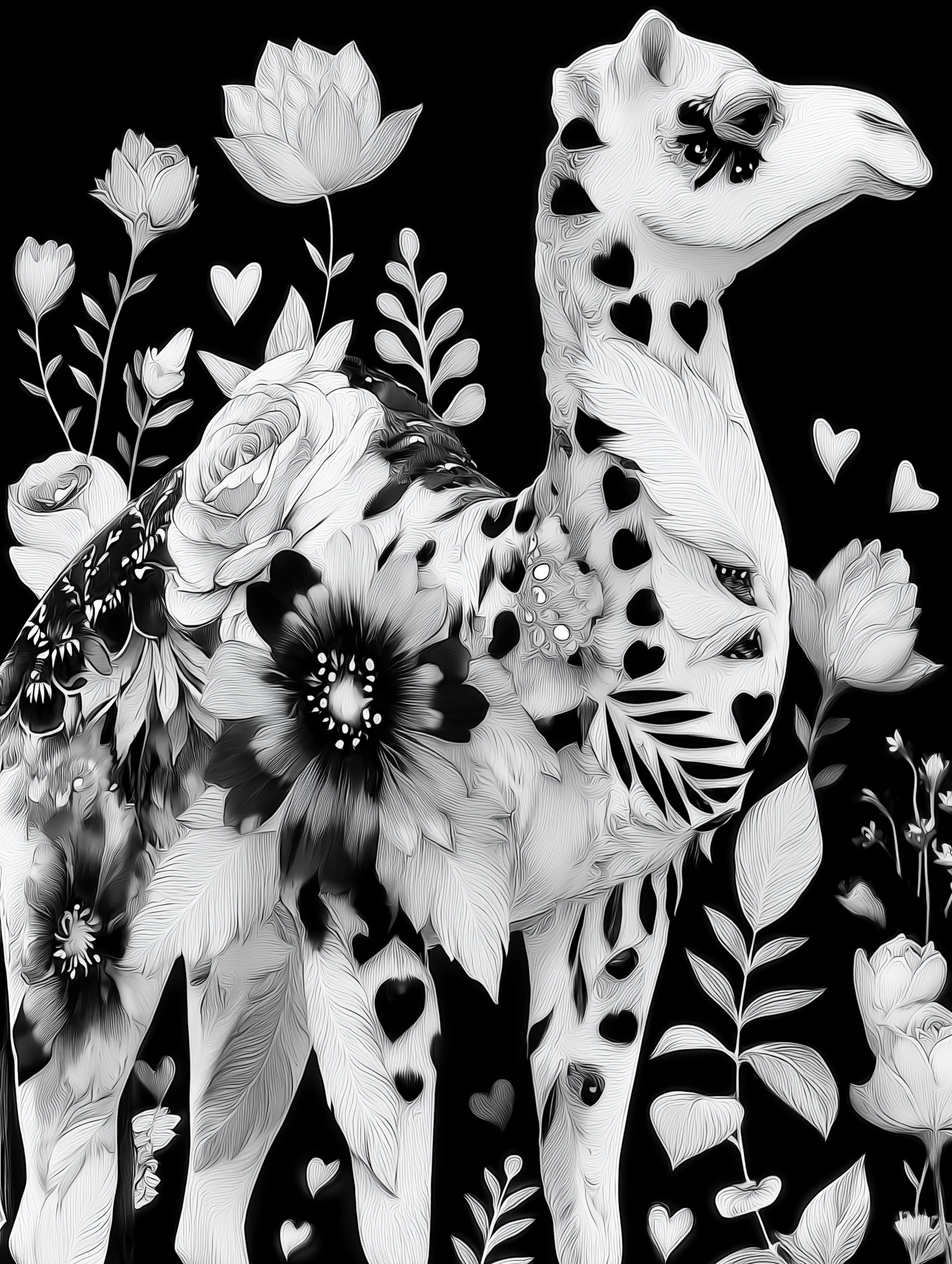 Free printable camel coloring page for adults featuring bunch of flowers on camel